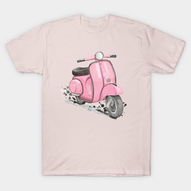 Pink Classic Retro Scooter. Pink background. T-Shirt by Magic Mouse Illustration